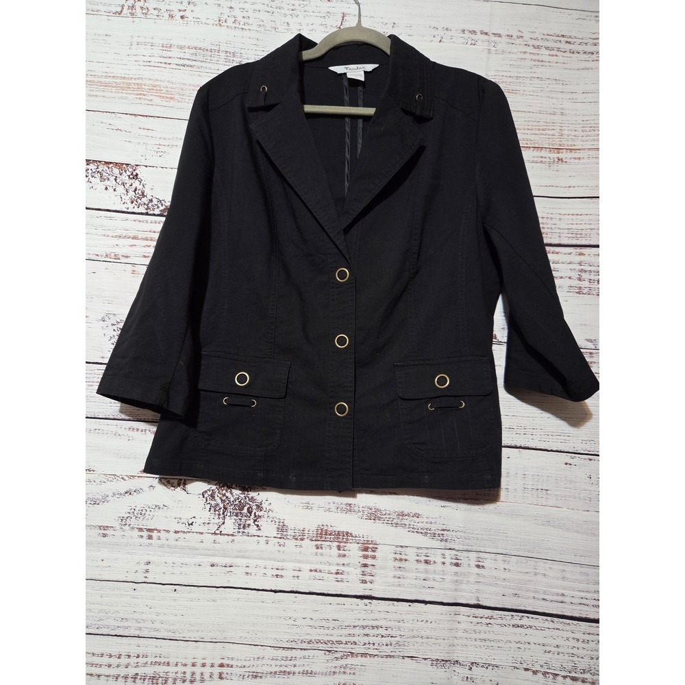TanJay Womens Black Utility Blazer Jacket Size 12 Snap Front Cinch Waist Cotton